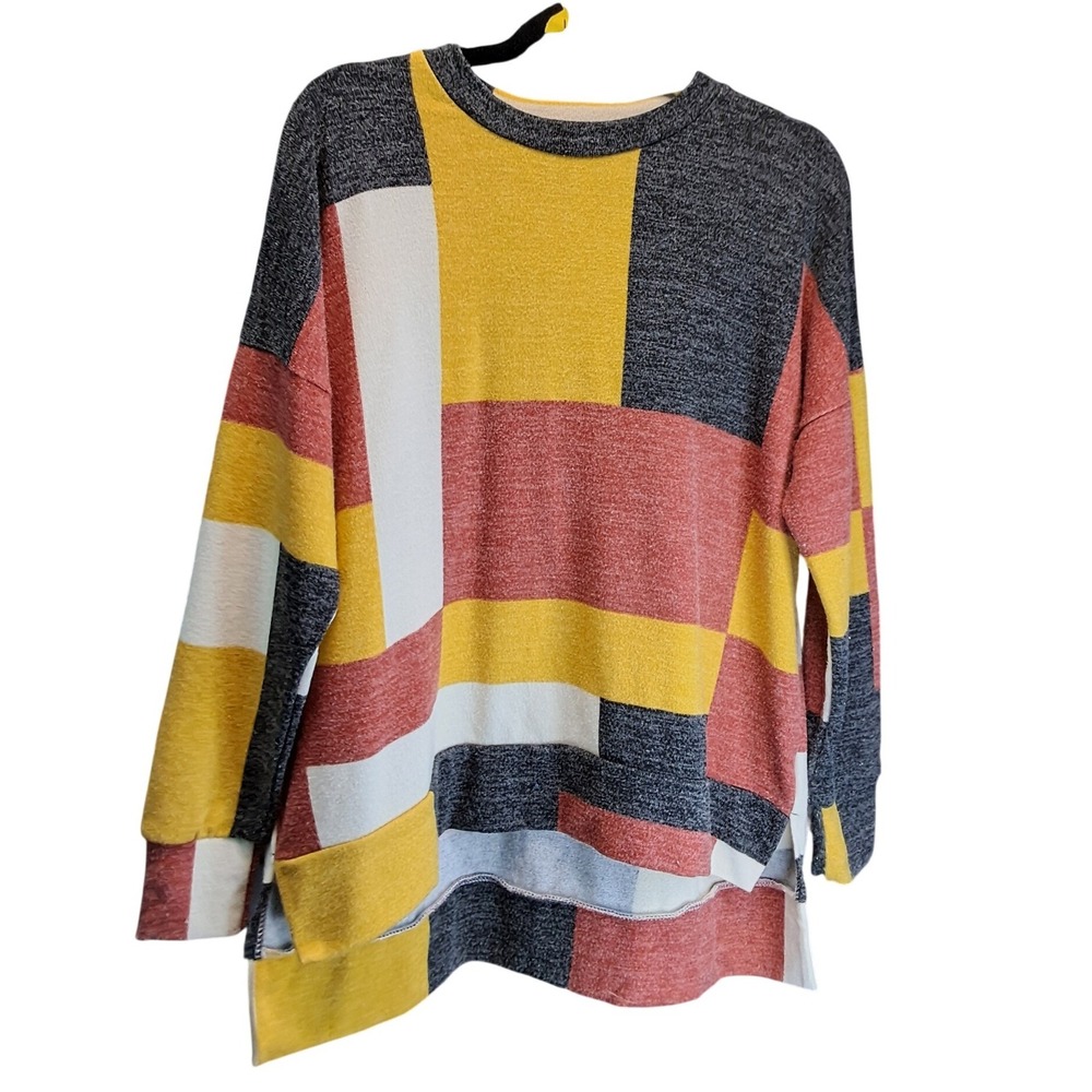 ODDI Women Colorblock Geometric Knit Top Yellow Grey Rust Oversized S/M - Picture 2 of 6